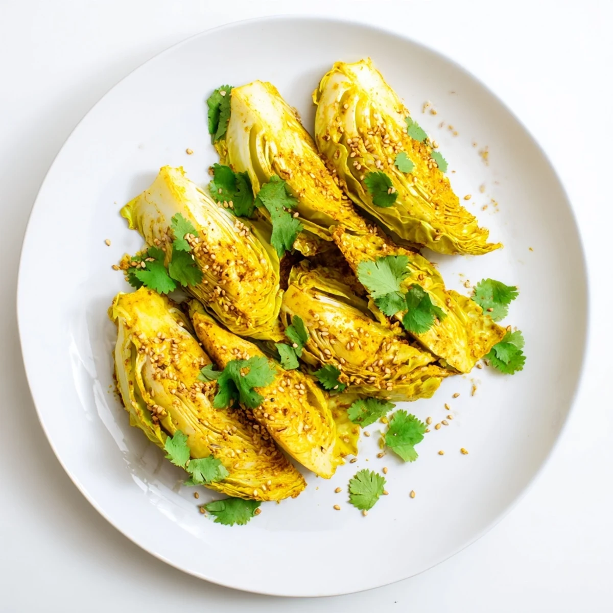 Vibrant yellow-green cabbage roasted with aromatic curry spices until caramelized and fragrant