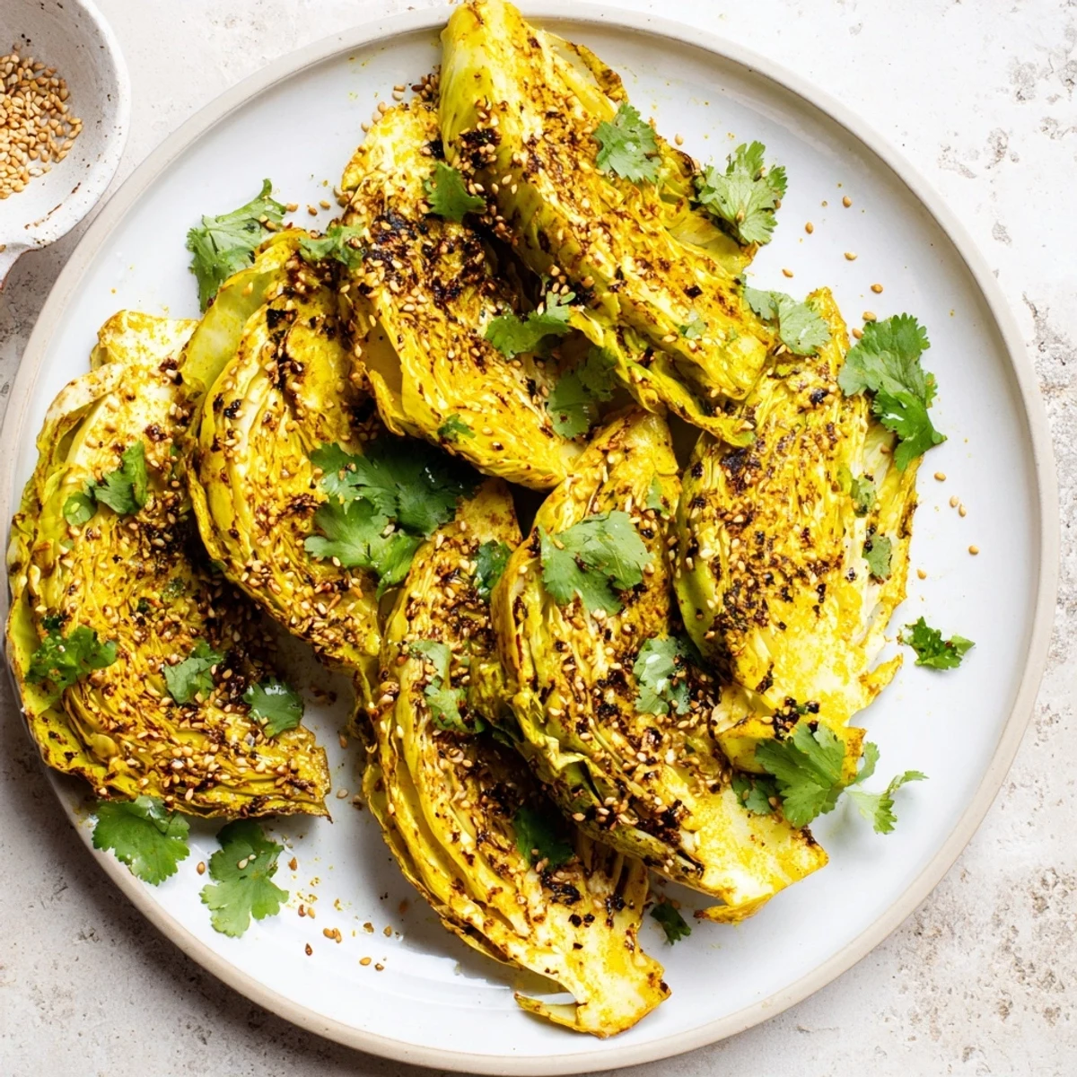 Easy roasted curry cabbage side dish garnished with fresh cilantro and sesame seeds