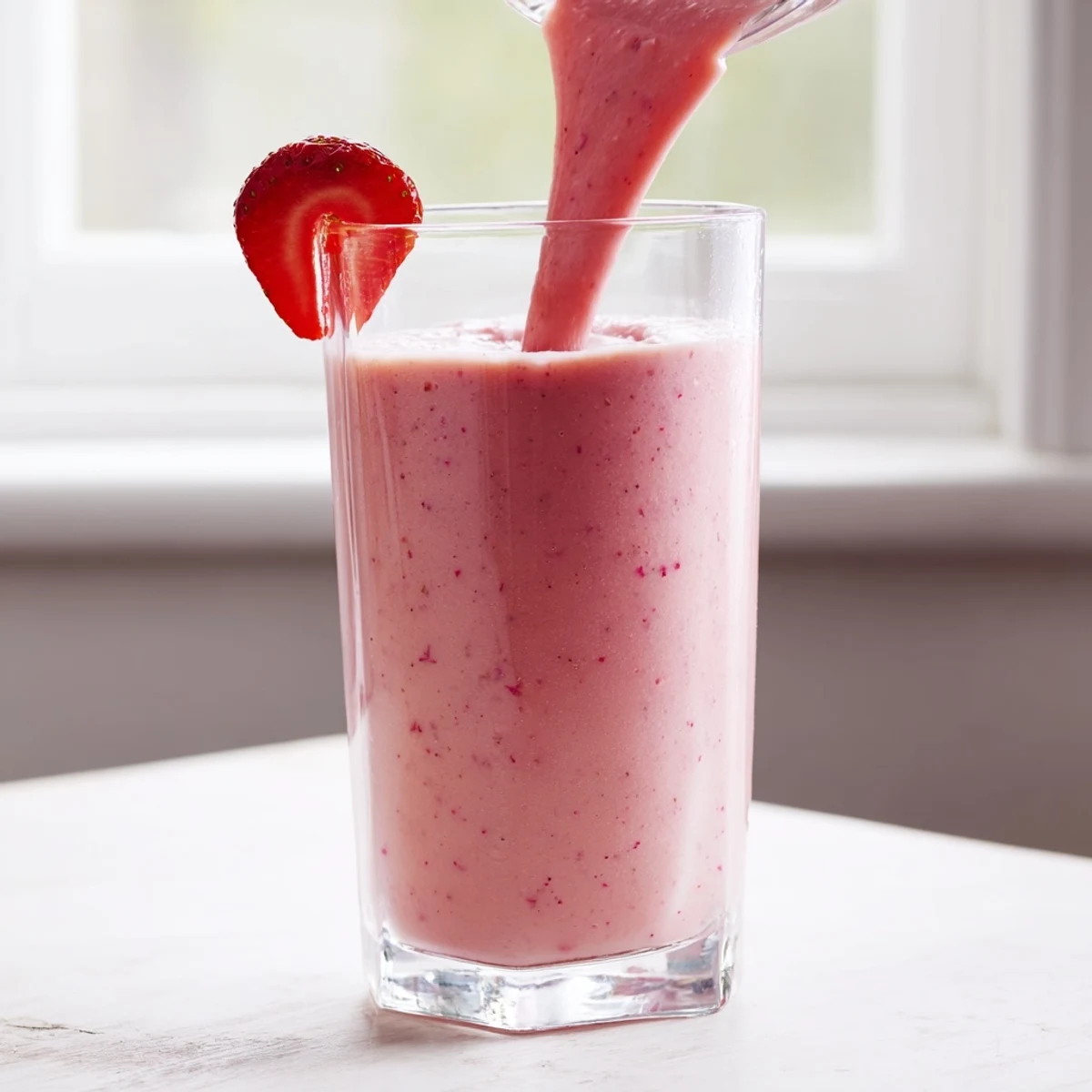 Creamy strawberry smoothie with Greek yogurt poured into a glass topped with fresh strawberry slices