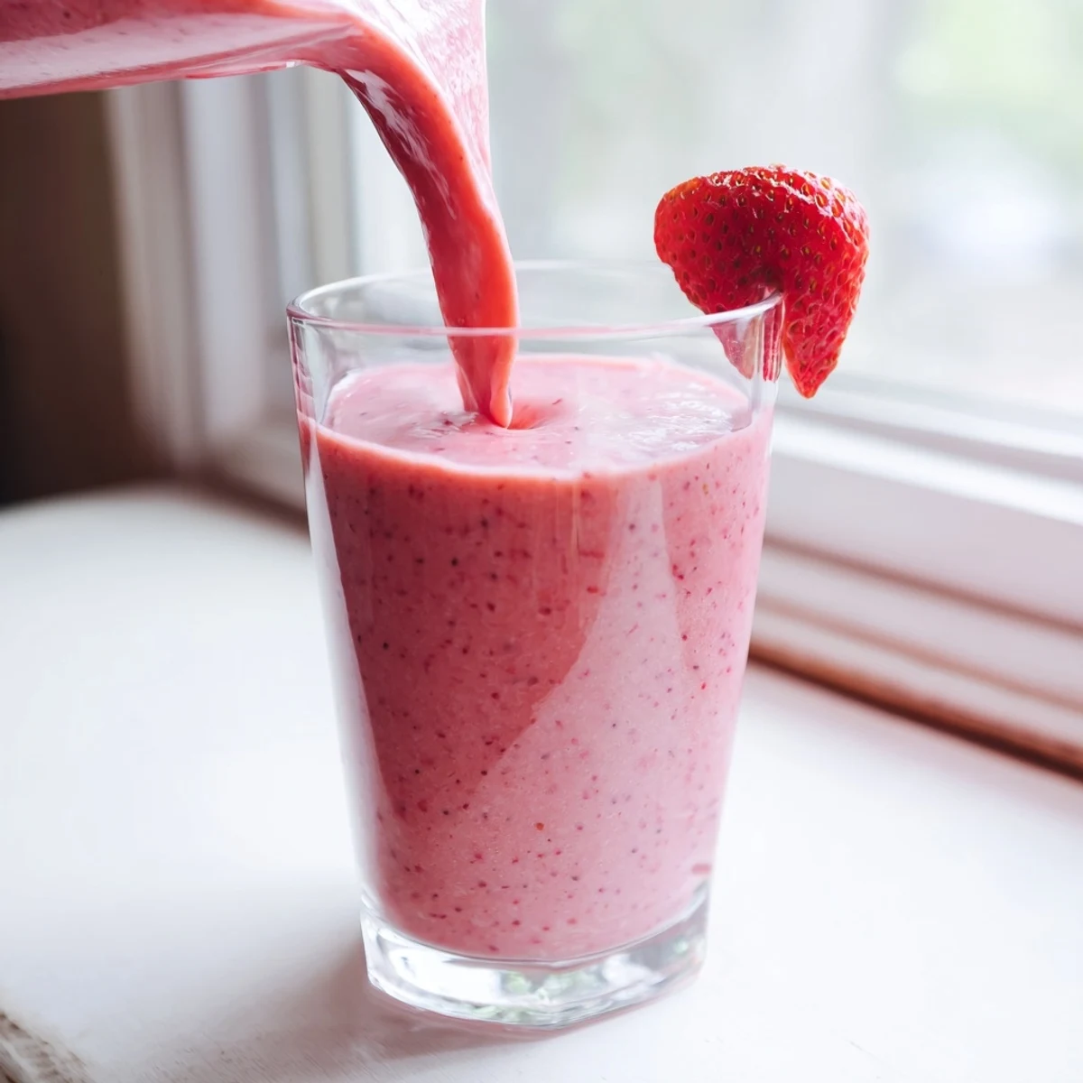 Thick pink strawberry smoothie blended with Greek yogurt and banana garnished with whole strawberries
