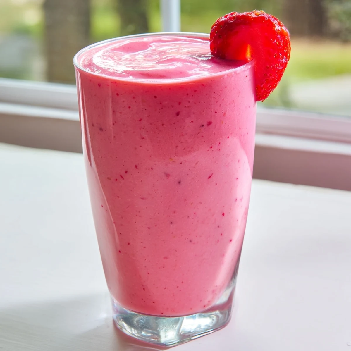 Glass of fresh strawberry smoothie with Greek yogurt and chia seeds served on a light background