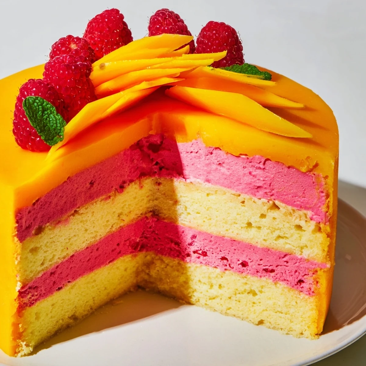Golden layered mango raspberry mousse cake topped with fresh fruit slices and mint on white plate