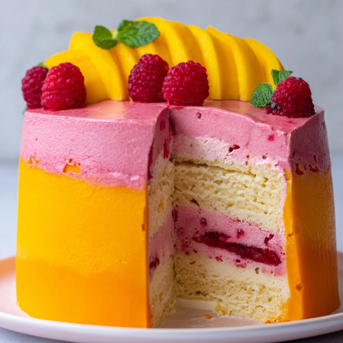 Summer dessert featuring airy mango and raspberry mousse layers over delicate sponge cake with berry garnish
