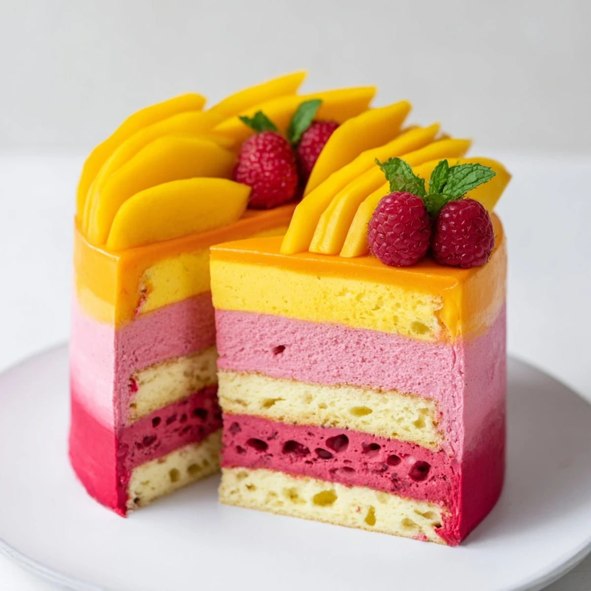 Elegant slice of heavenly mango raspberry mousse cake showing fluffy fruity layers and vibrant fruit toppings