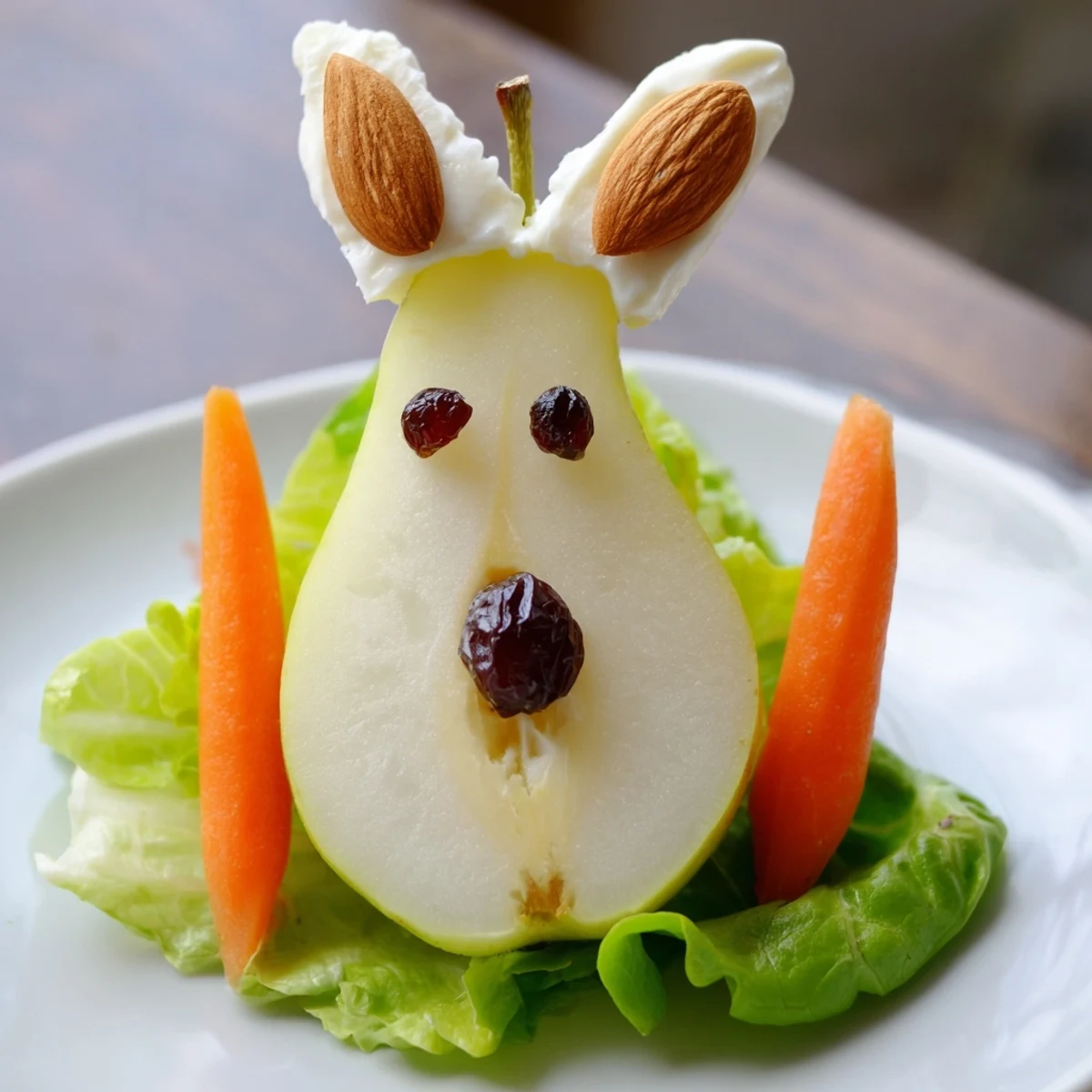Whimsical Easter pear salad featuring bunny-shaped pears with carrot feet and cherry noses on green lettuce