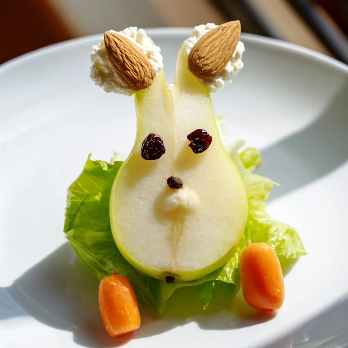Retro pear bunny salad with sliced almond ears and cottage cheese tails served on individual plates