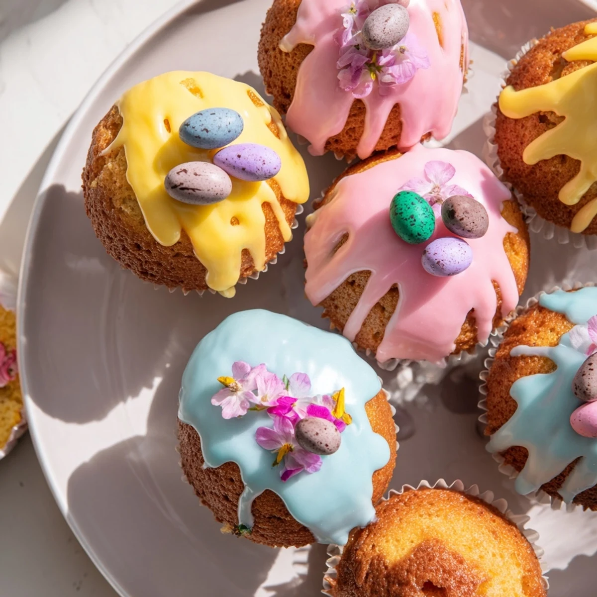 Soft vanilla sponge mini cakes decorated for Easter with swirled pastel frosting and eggs