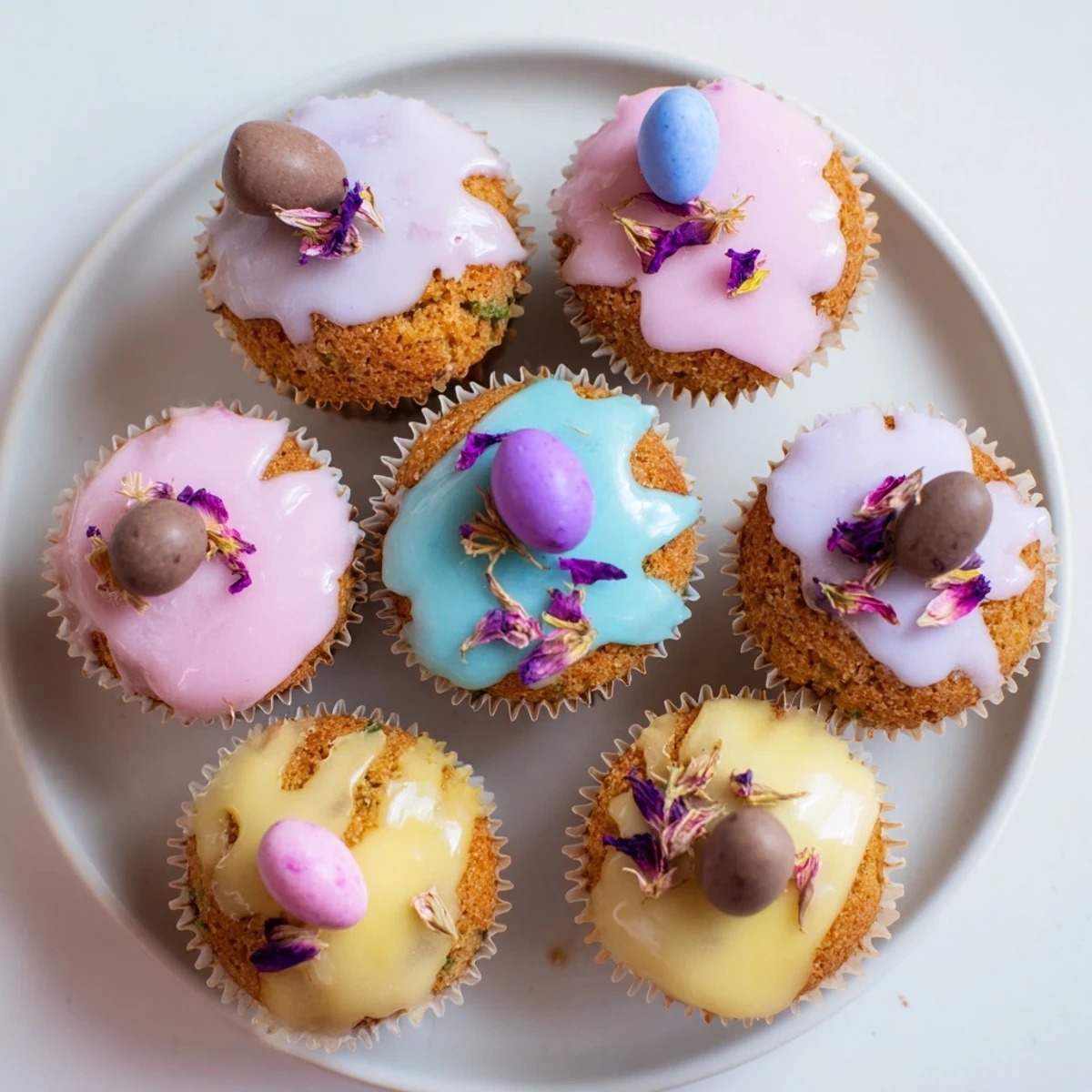 Mini Easter cakes topped with pastel pink, blue, and yellow icing and colorful sprinkles