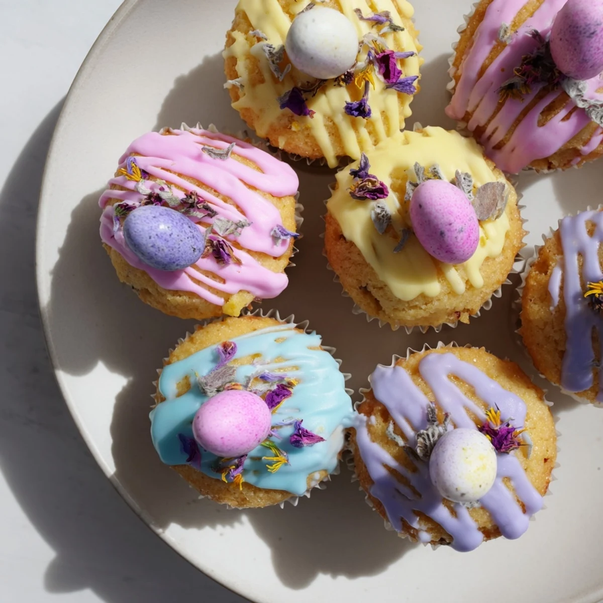 Individually-sized Easter cakes drizzled with pastel colored icing and mini chocolate egg toppings