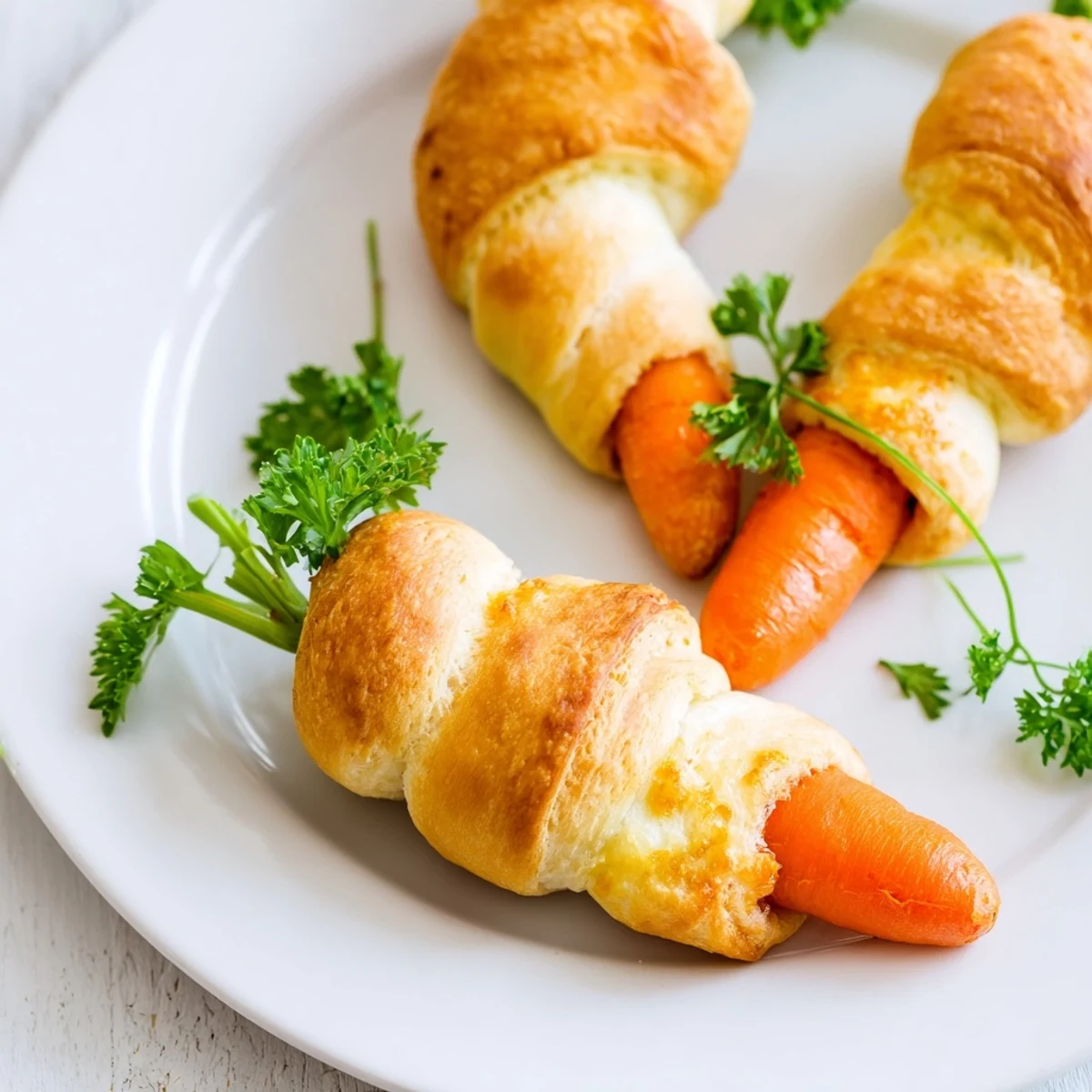 Golden baked stuffed crescent roll carrots filled with creamy herbed cheese and topped with fresh parsley