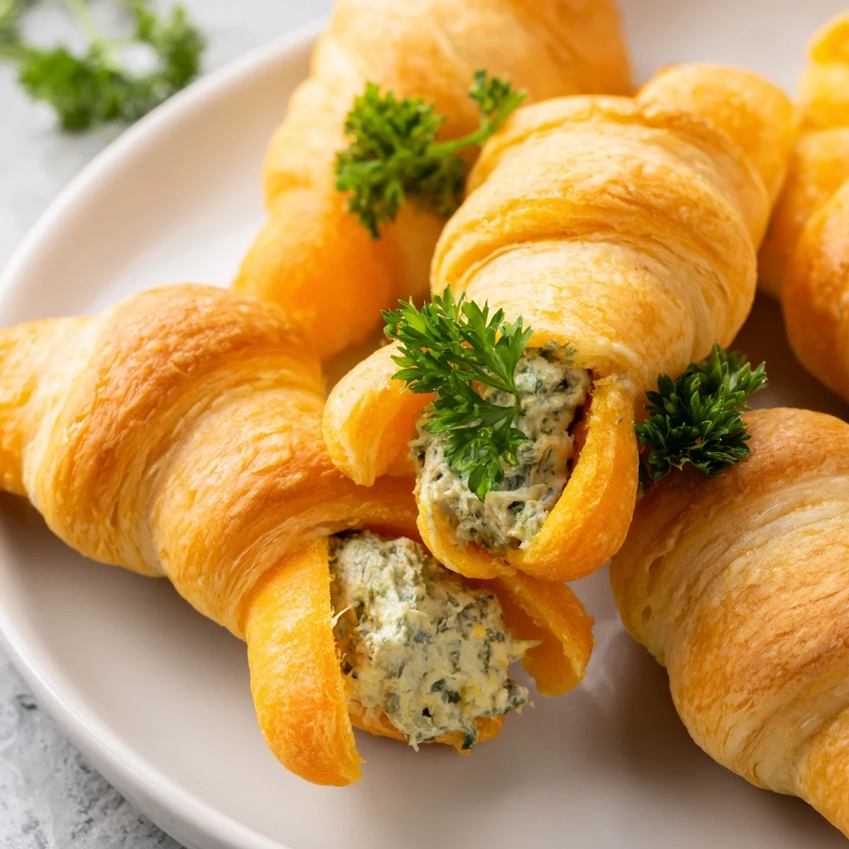 Easter appetizer featuring flaky pastry cones stuffed with herb cream cheese and garnished with green parsley tops