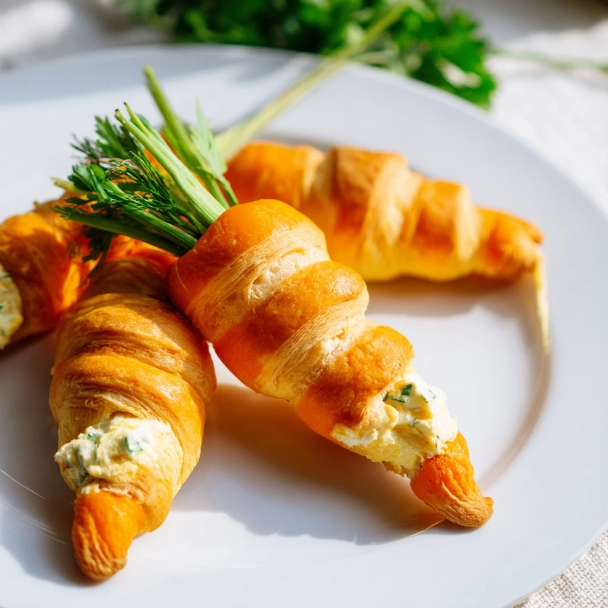 Playful appetizer of crescent dough shaped into orange carrot shapes piping with savory cream cheese filling