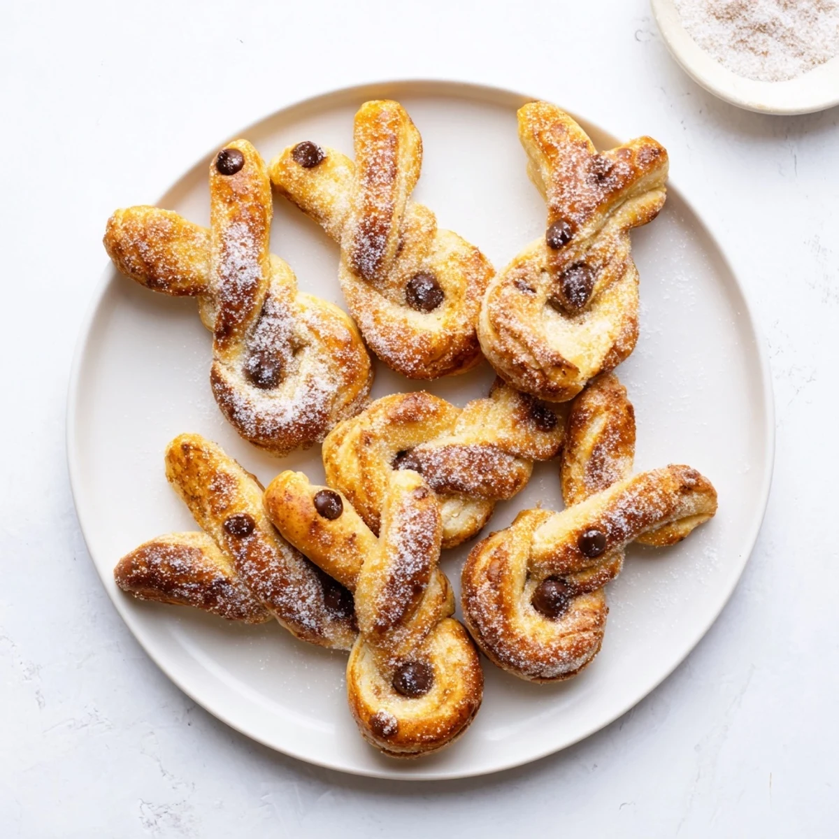 Golden brown cinnamon sugar Easter bunny twists arranged on a white serving plate, featuring flaky puff pastry shaped into adorable rabbit silhouettes