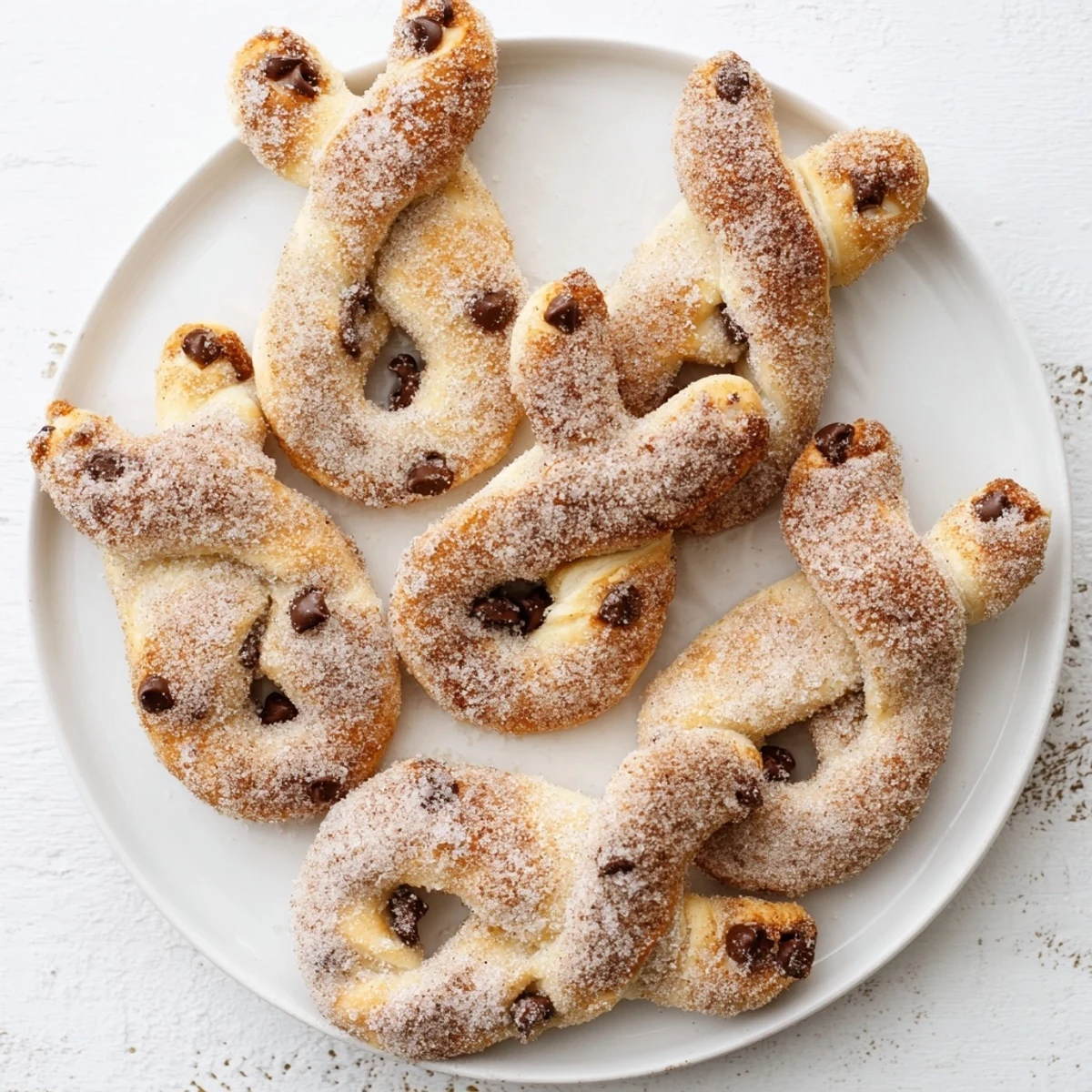 Festive Easter brunch table displaying warm cinnamon sugar bunny twists with powdered sugar dusting and mini chocolate chip eyes