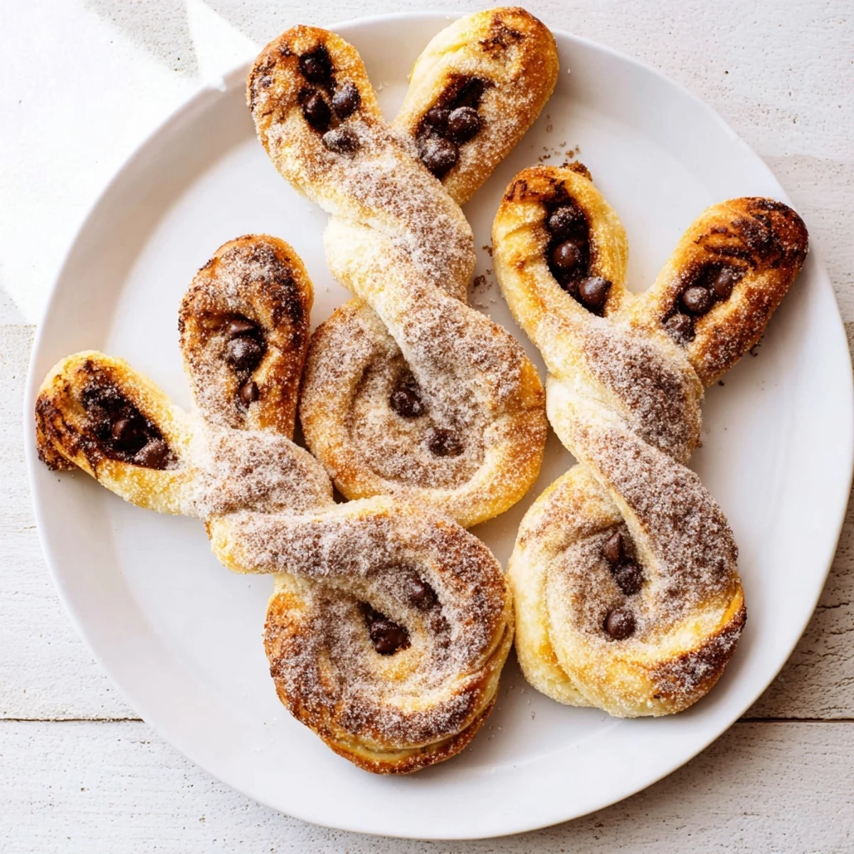Freshly baked Easter bunny twists with glossy egg wash and melted cinnamon sugar coating, showcasing twisted pastry ears and rounded bodies