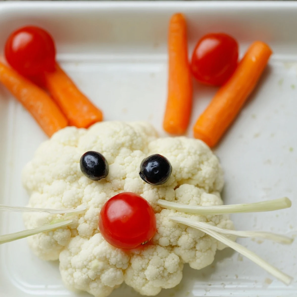 Colorful Easter Bunny veggie tray arranged with cauliflower, cucumbers, and cherry tomatoes for spring parties