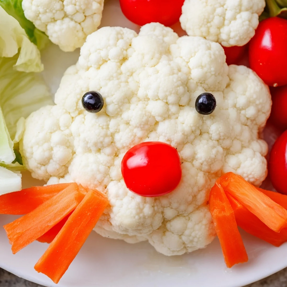 Festive vegetable platter shaped like a bunny featuring crisp carrots, bell peppers, and ranch dip