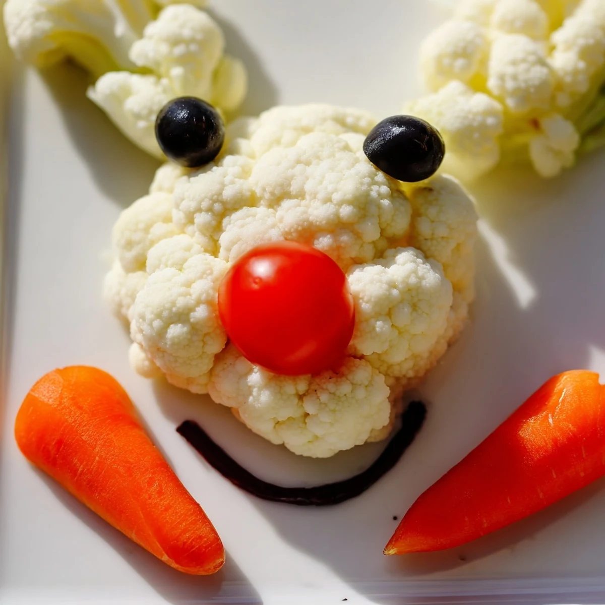 Healthy Easter Bunny veggie tray with fresh cauliflower, cucumbers, and vibrant vegetables on serving platter