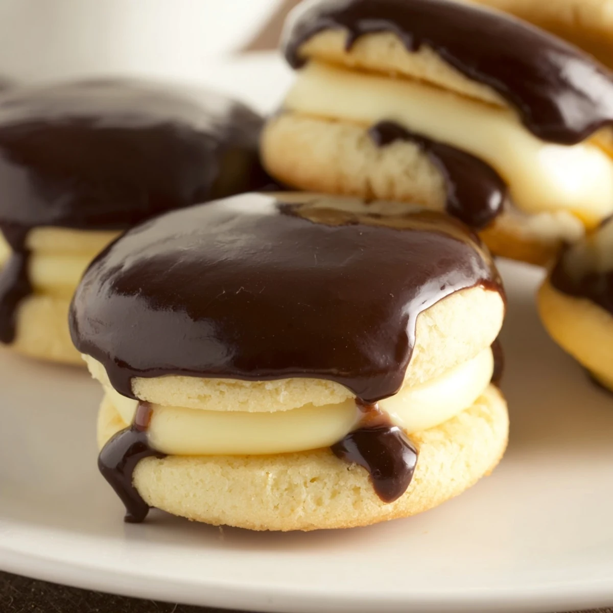 Bite-sized Boston Cream Pie Cookie Bites featuring soft vanilla cookies sandwiched with creamy custard and glossy chocolate glaze