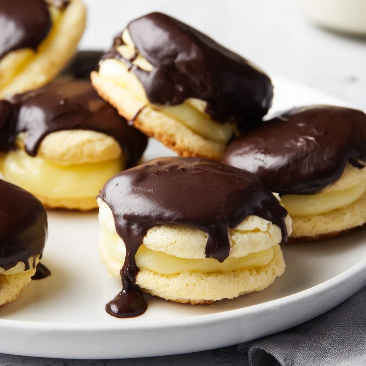 Homemade Boston Cream Pie Cookie Bites stacked on a white plate with rich chocolate dripping down the golden sides