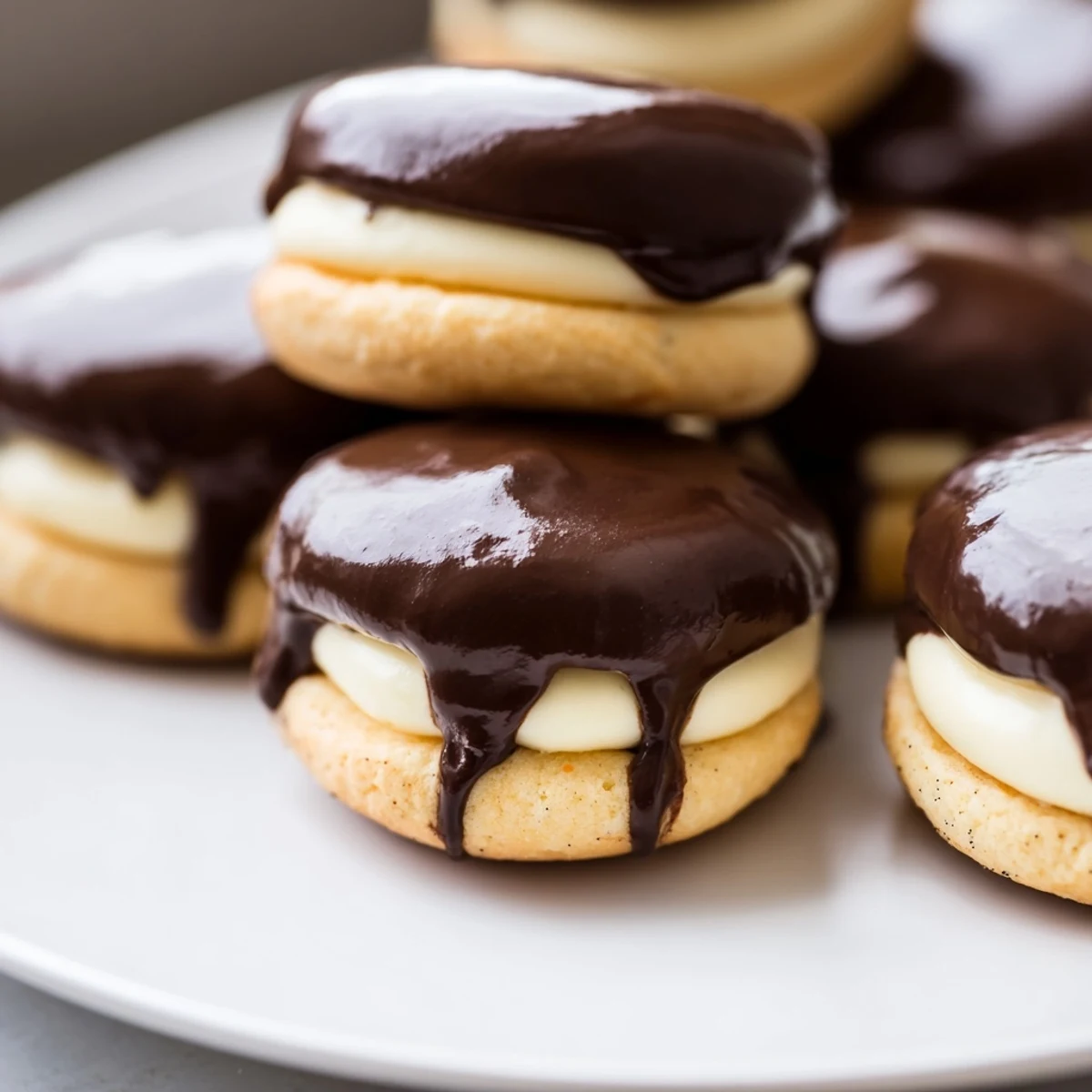 Freshly assembled Boston Cream Pie Cookie Bites with smooth vanilla custard peeking through dark chocolate topping on serving platter