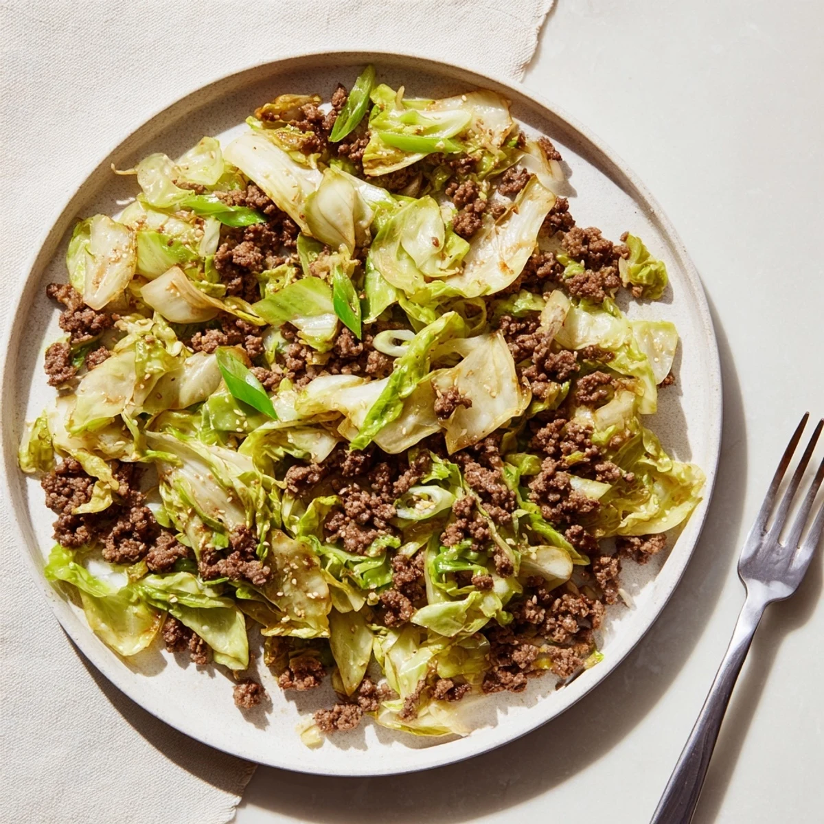 Weeknight skillet dinner featuring low carb Mongolian ground beef with vibrant shredded cabbage