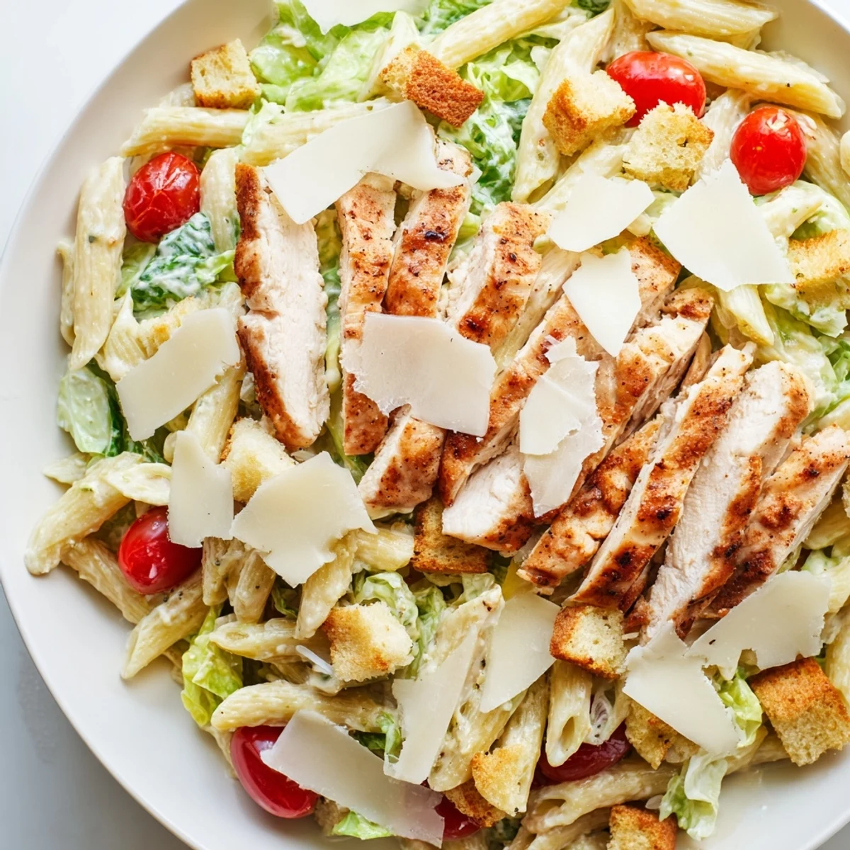 Creamy Caesar-coated Chicken Caesar Pasta Salad topped with croutons, shaved Parmesan, and juicy cherry tomatoes