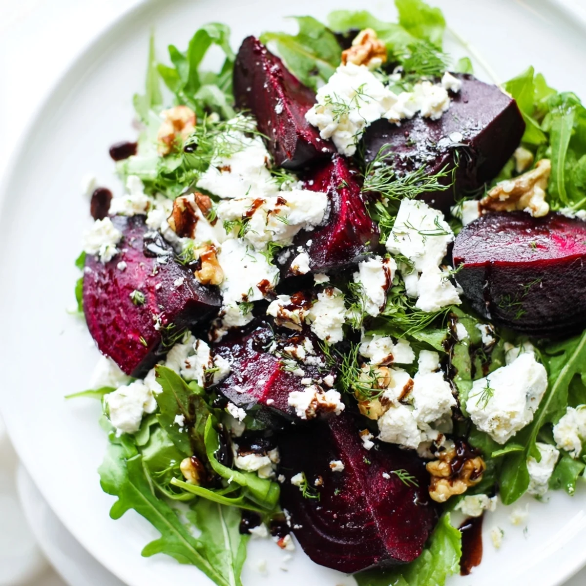 Golden roasted beets arranged over mixed greens with crumbled goat cheese and toasted walnuts drizzled with balsamic vinaigrette