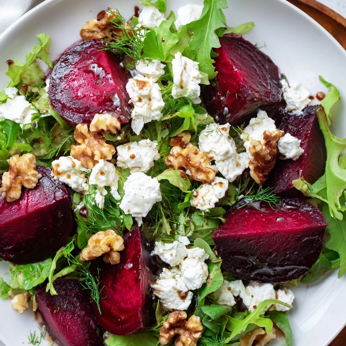Colorful ultimate beet salad featuring tender roasted beet wedges alongside arugula fresh herbs and tangy honey dressing