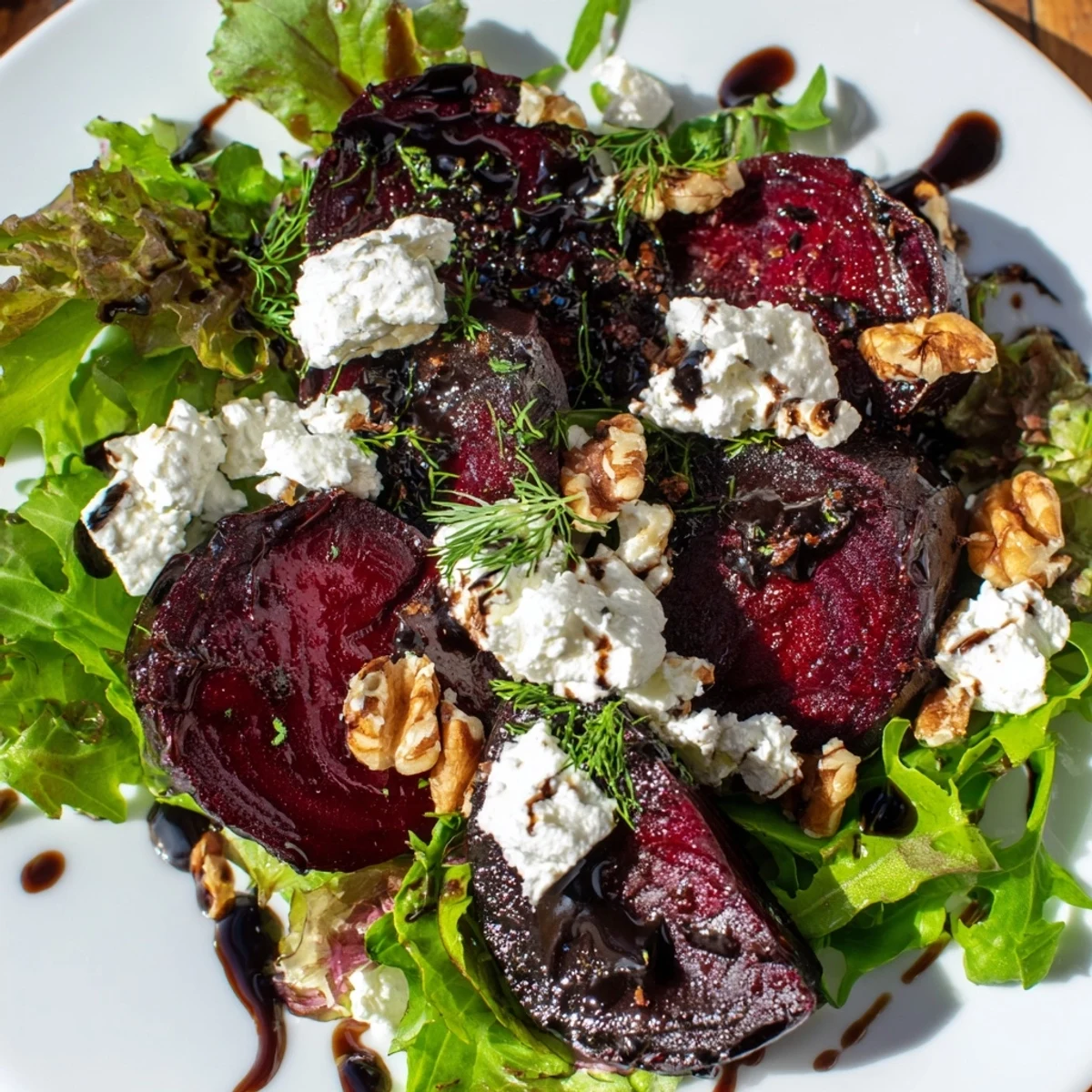 Vibrant bowl of ultimate beet salad topped with creamy goat cheese crunchy walnuts and red onion slices