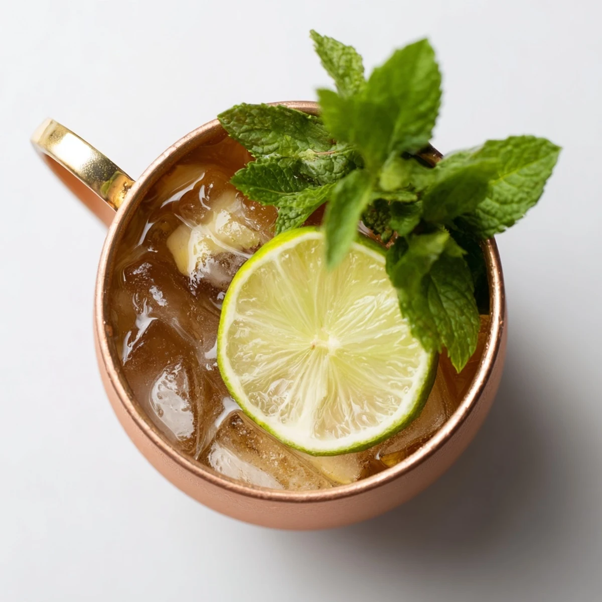 Copper mug filled with Virgin Moscow Mule featuring lime wedge and mint garnish