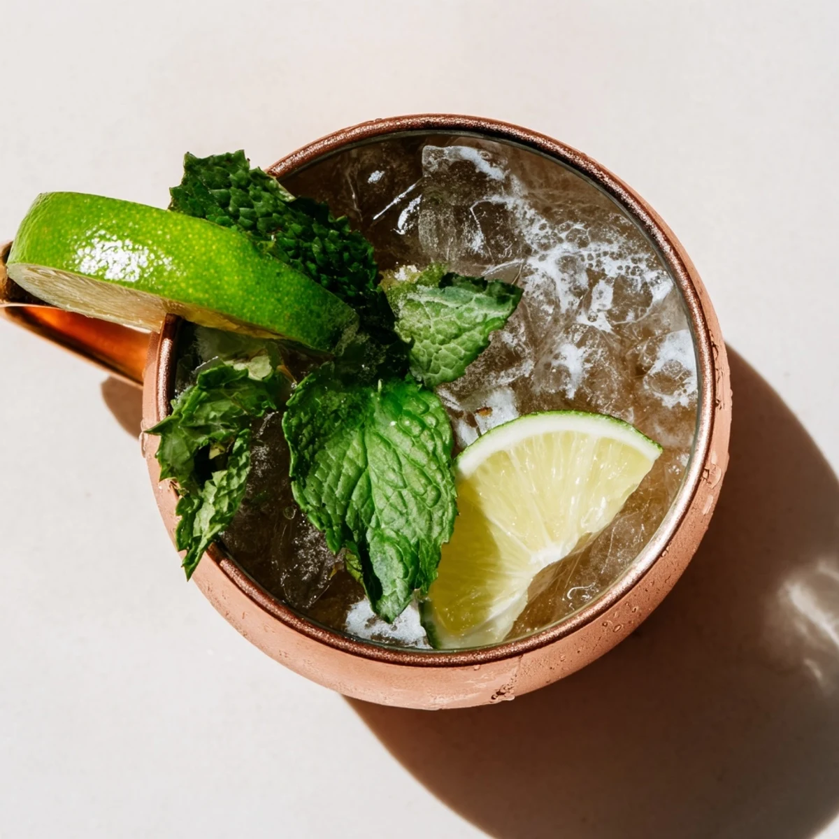 Ice-cold Virgin Moscow Mule in copper mug garnished with lime wedge and mint leaves