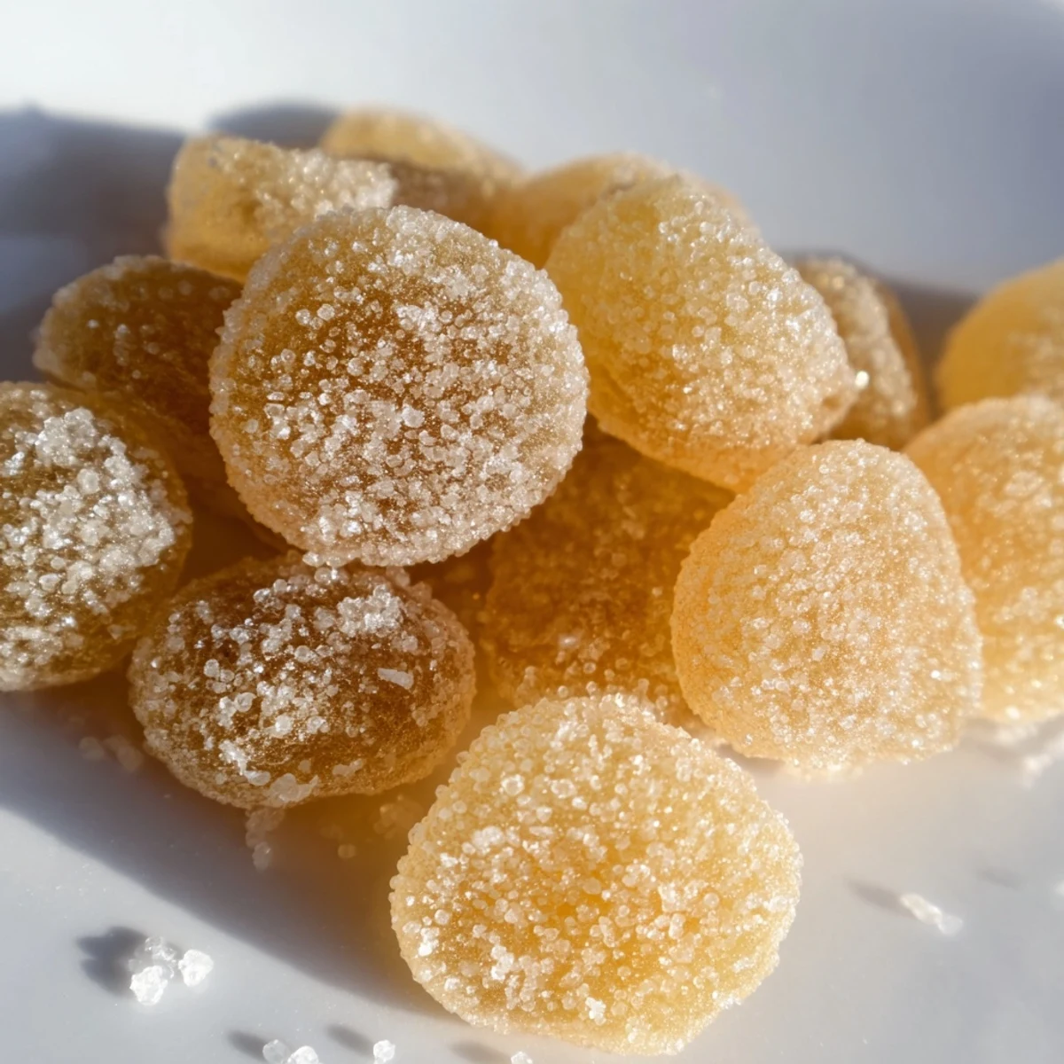 Golden translucent homemade candied ginger coated in sparkling white sugar on a wooden board