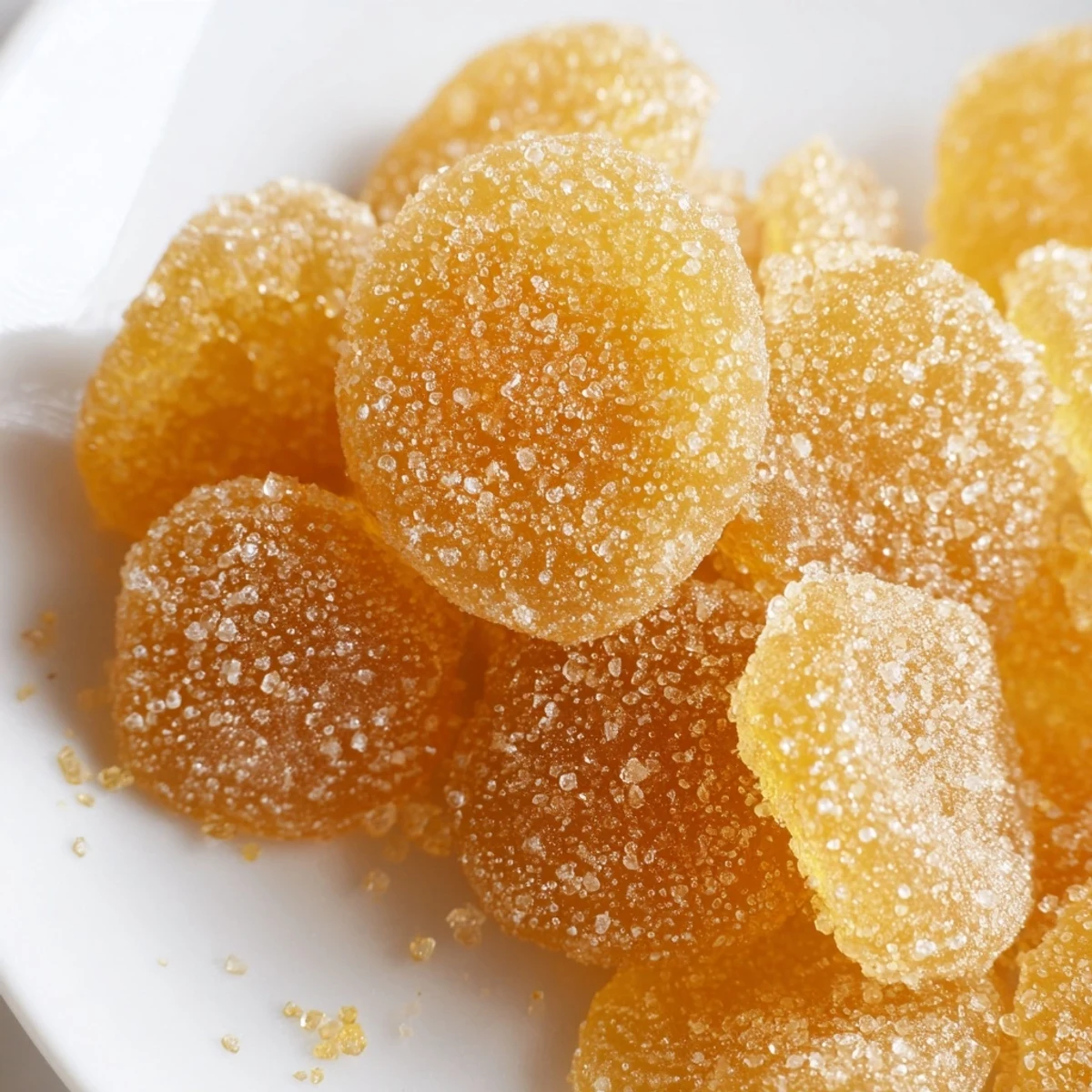Chewy sweet and spicy candied ginger slices piled high with crystallized sugar coating