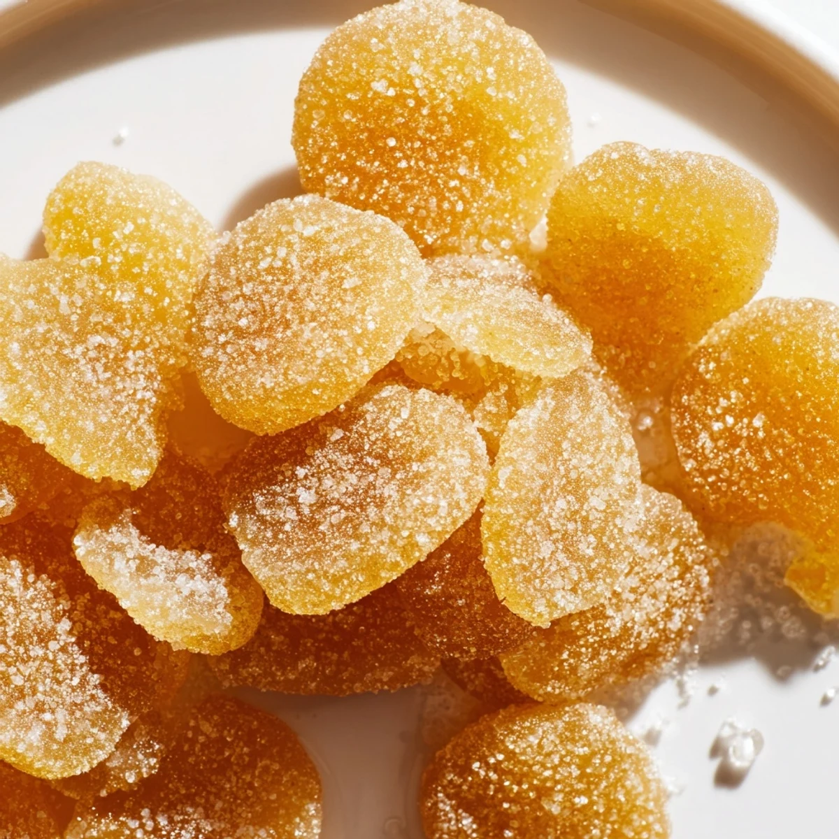 Glossy amber candied ginger pieces dusted with granulated sugar ready for holiday baking