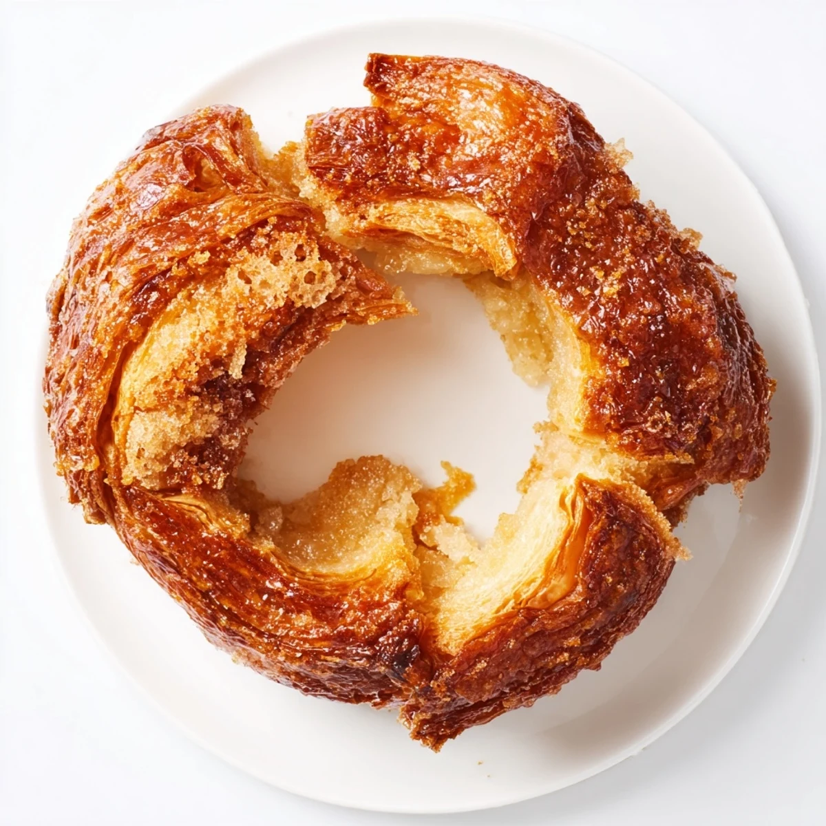 Golden caramelized Kouign Amann pastry with deep brown crispy sugar crust revealing tender flaky buttery layers inside