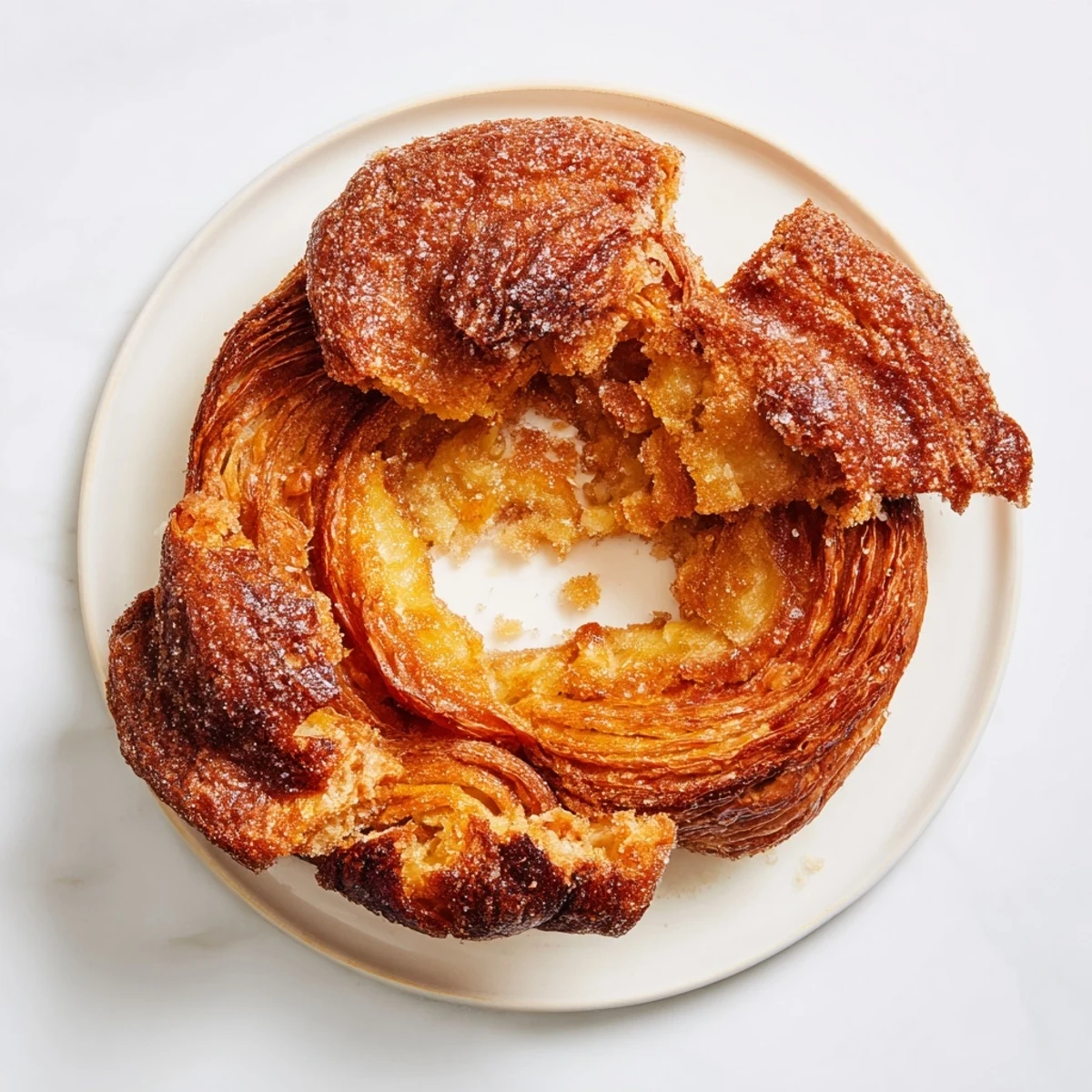 Decadent Brittany-style Kouign Amann pastry displaying crisp caramelized exterior and soft laminated dough layers perfect for dessert