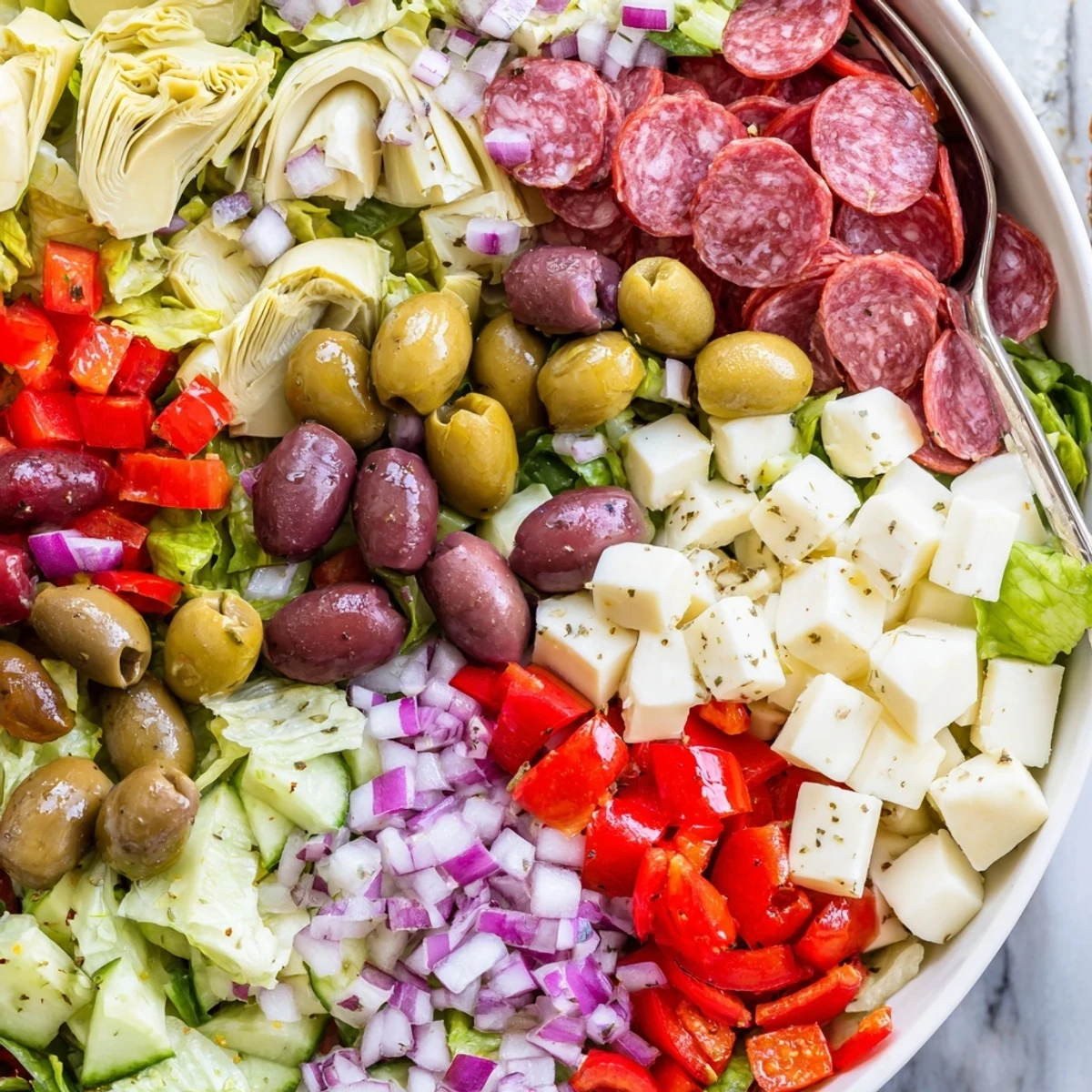 Colorful antipasti chopped salad bowl with fresh vegetables, olives, mozzarella, and Italian cured meats
