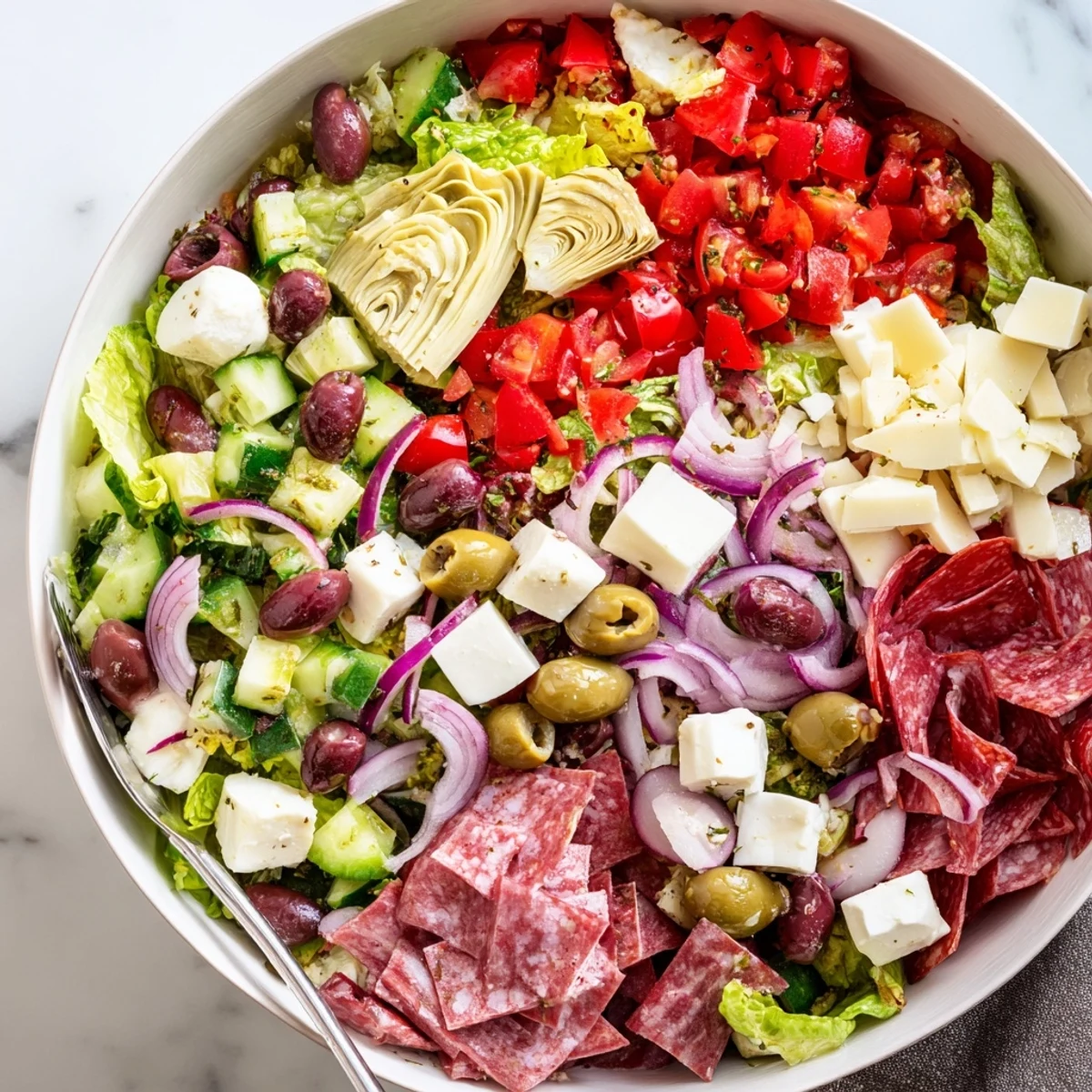 Glowing bowl of antipasti chopped salad tossed with zesty vinaigrette and savory Italian ingredients