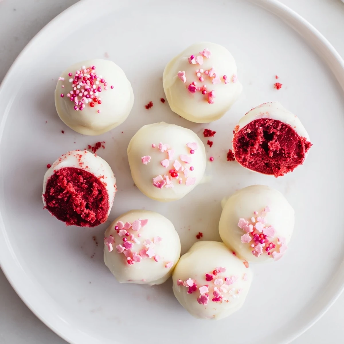 Bite-sized red velvet cake truffles coated in smooth white chocolate with colorful sprinkles