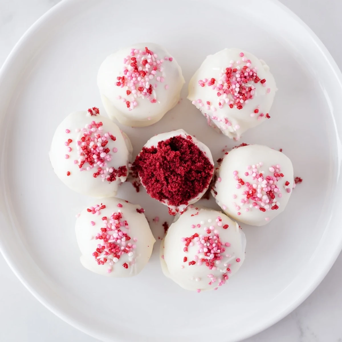 Homemade red velvet cake truffles rolled into balls and dipped in melted white chocolate