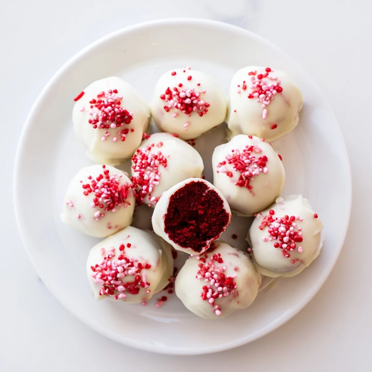 Decadent red velvet cake truffles featuring cream cheese filling and white chocolate shell