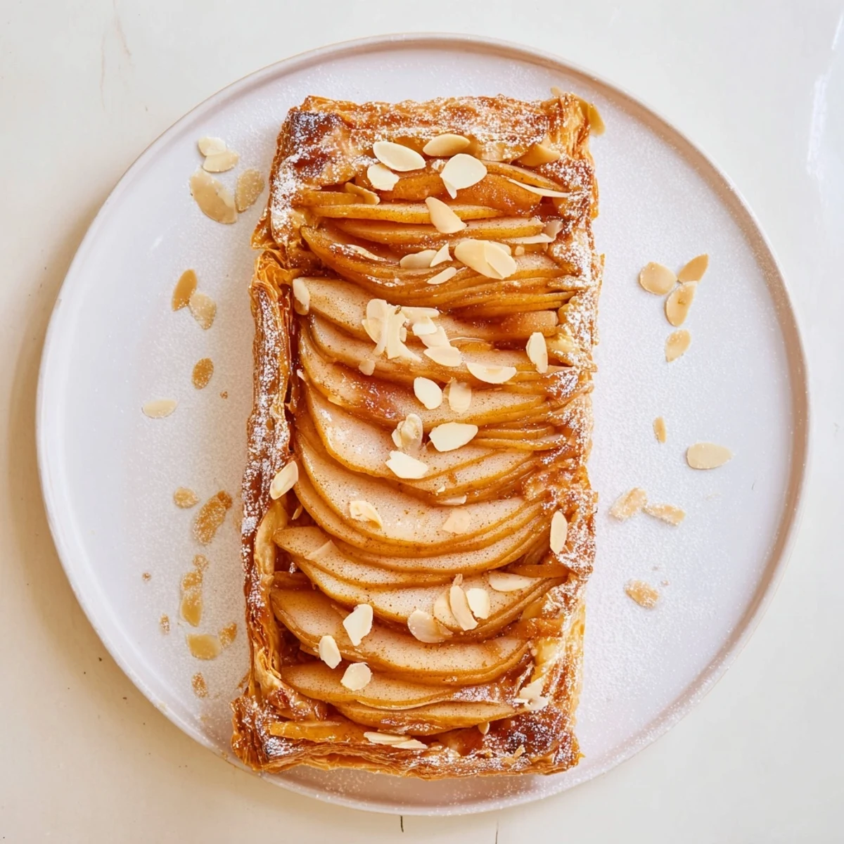 Flaky golden brown spiced pear and puff pastry tarts sprinkled with powdered sugar on a white serving plate