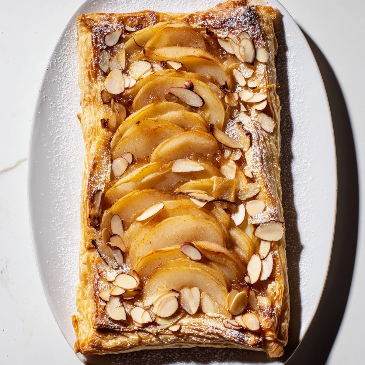 Butter pastry squares arranged with tender sugared pears and almonds, fresh from the oven