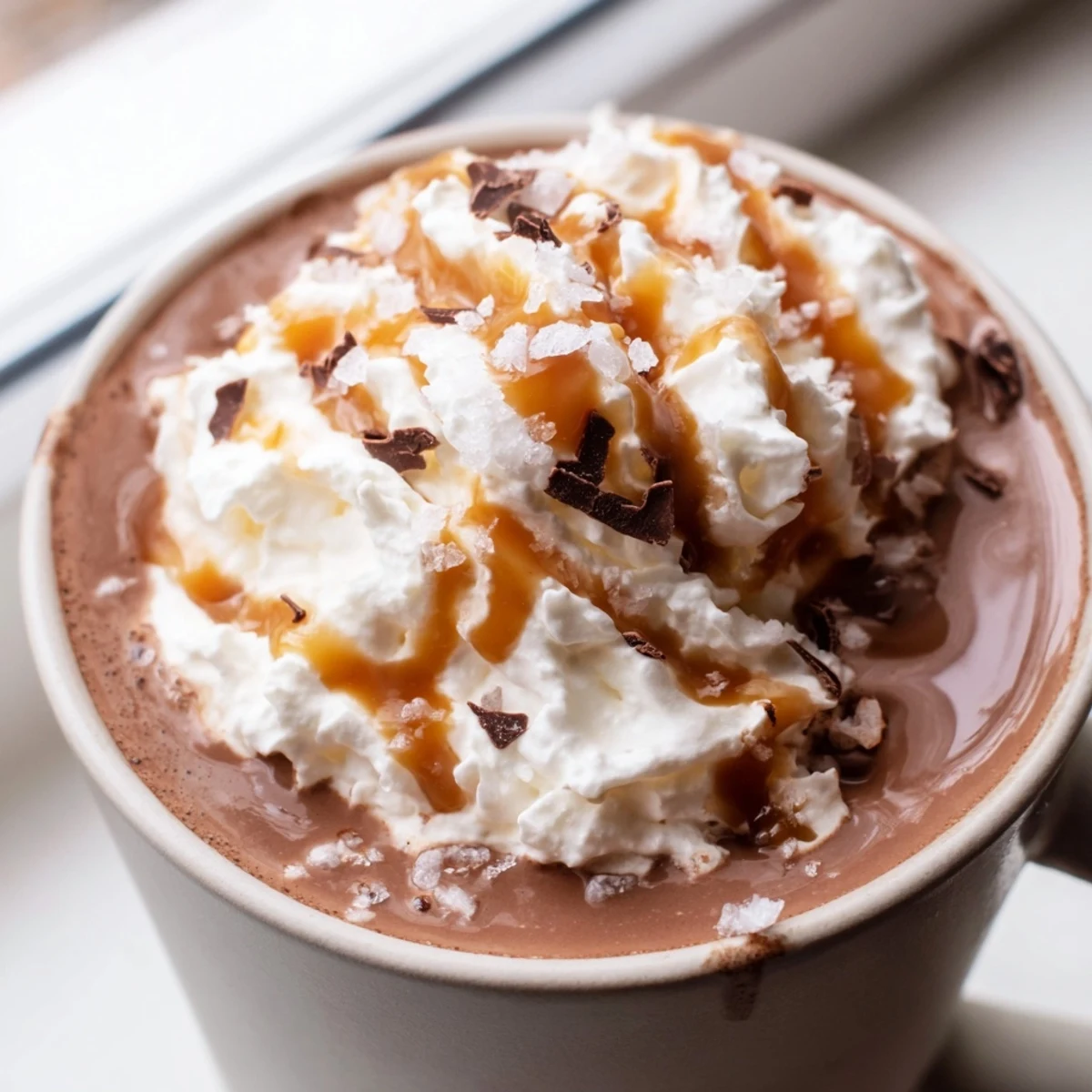 Creamy salted caramel hot chocolate topped with whipped cream and caramel drizzle in a mug
