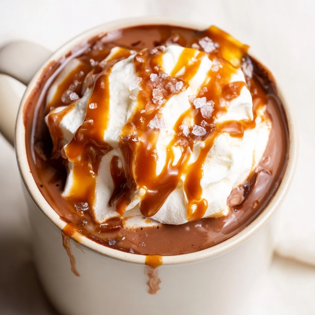 Rich salted caramel hot chocolate with melted chocolate and steaming milk in a white ceramic mug