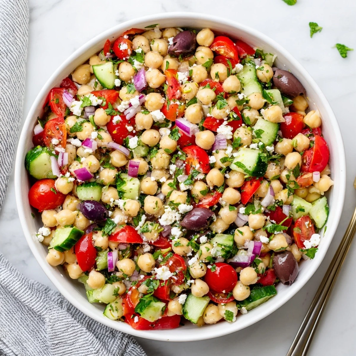 Fresh Mediterranean chickpea salad with vibrant cherry tomatoes, cucumber, olives, and zesty lemon herb dressing