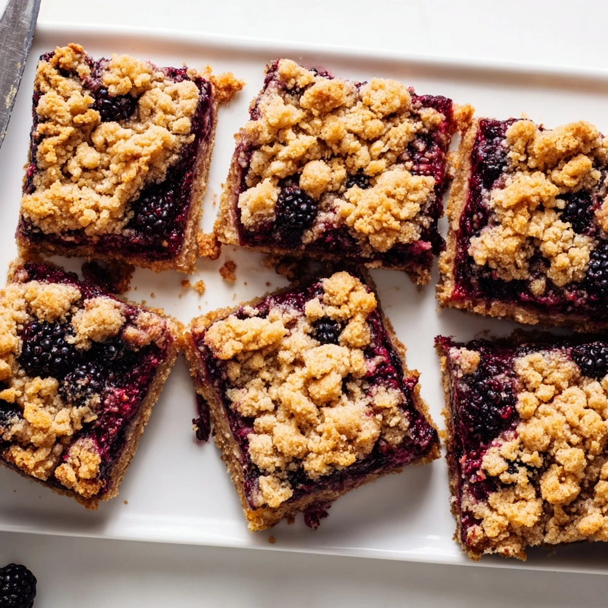 Golden blackberry crumble bars with buttery crust and bubbling fruit filling on a cooling rack