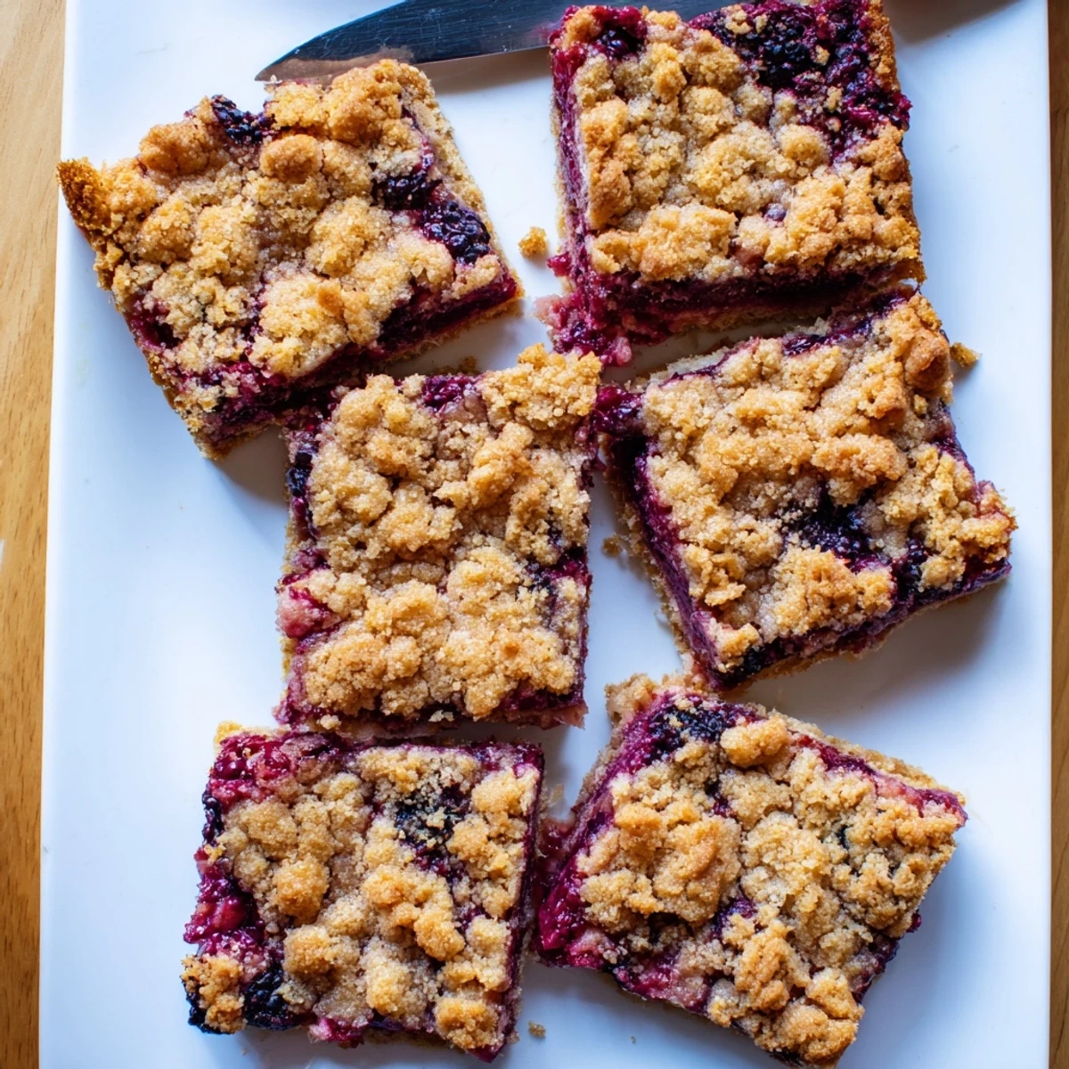 Tender homemade blackberry crumble bars sliced into squares with vanilla ice cream on the side