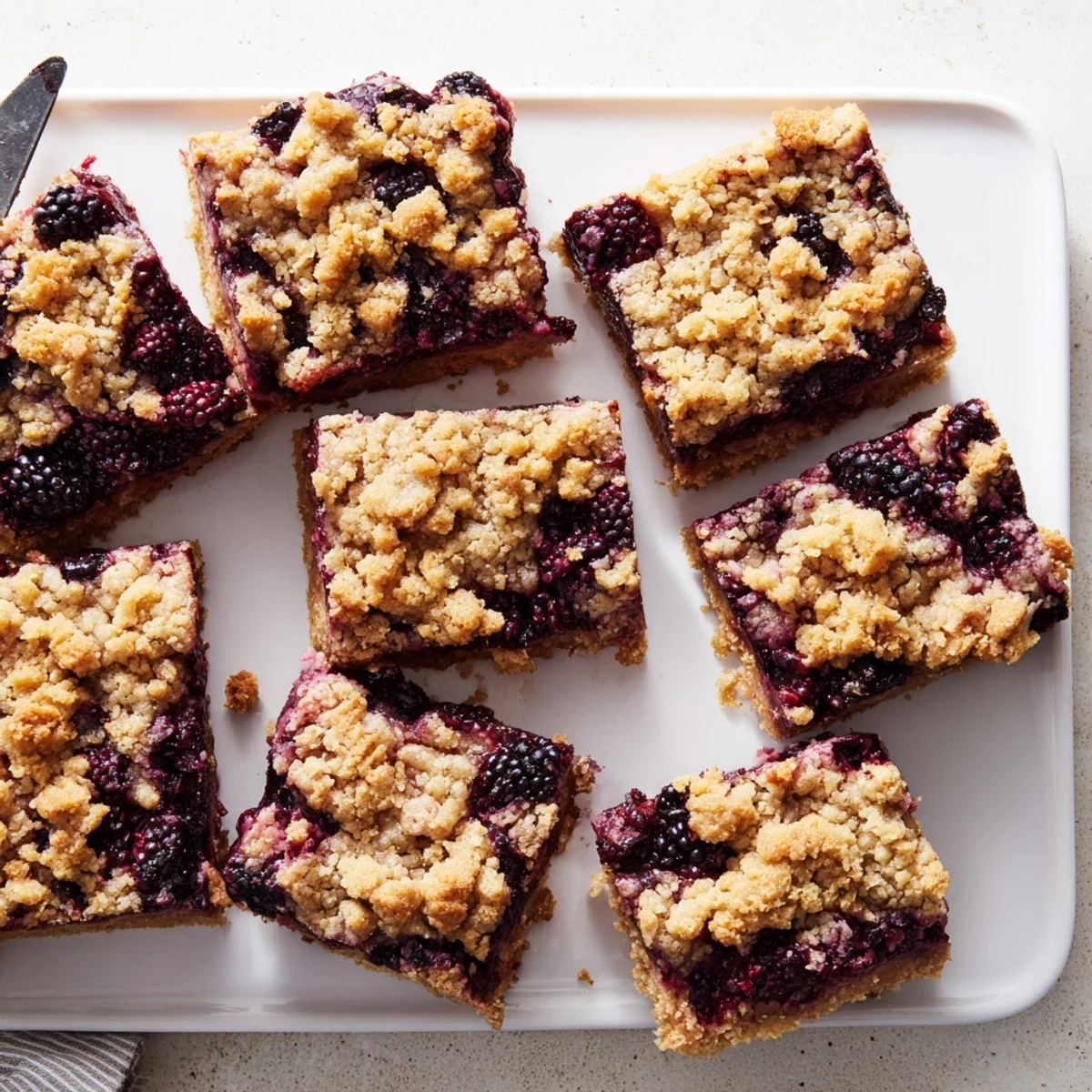 Close up of perfect blackberry crumble bars showing golden crumb topping over juicy purple berry layer